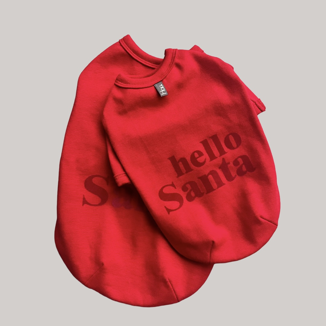 czerwona świąteczna koszulka dla psa hello santa hau